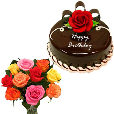 "Round shape cake -1kg , 12 Mixed Roses Bunch - Click here to View more details about this Product